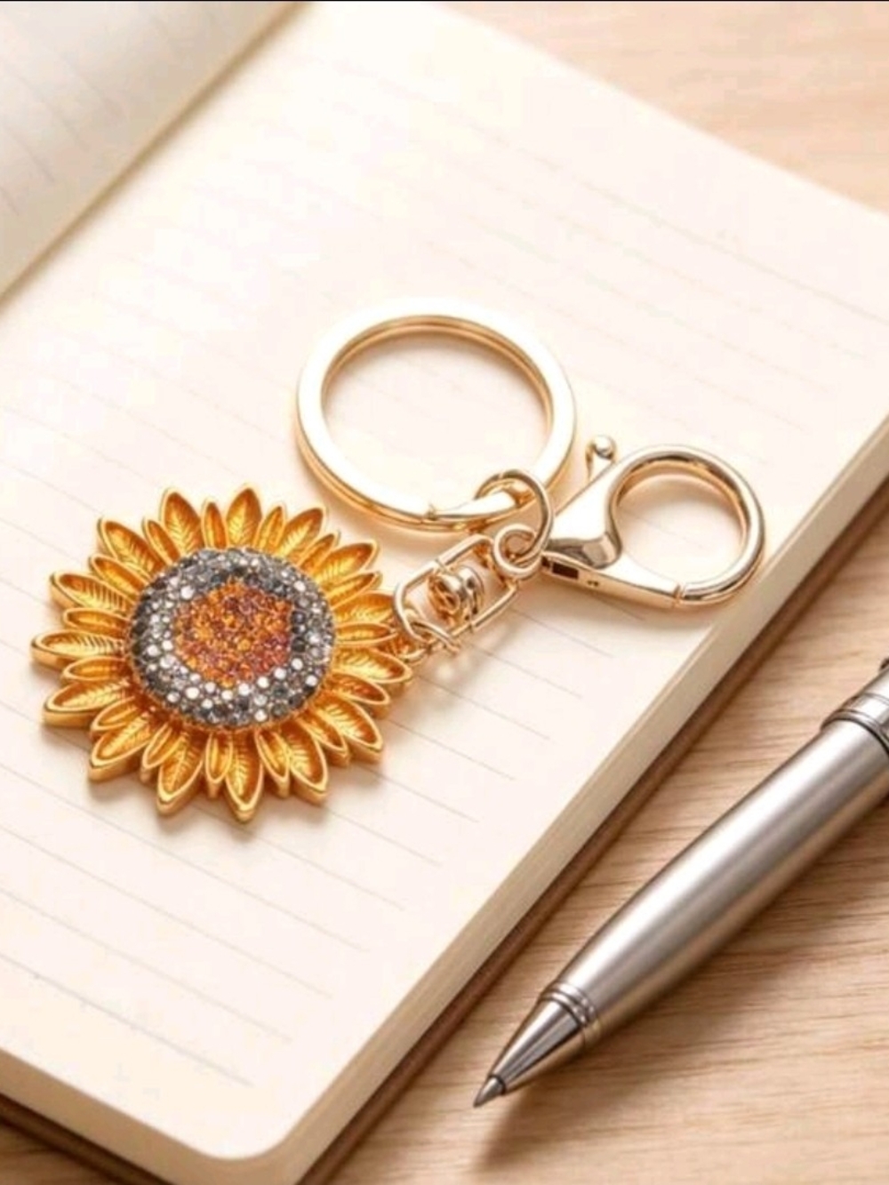 Gold Sunflower Crystal Key & Card Holder Charm